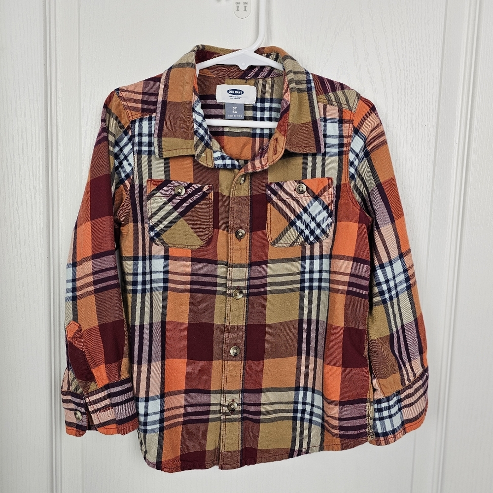 Old Navy Toddler Boys Plaid Flannel Shirt 5T Fall Orange